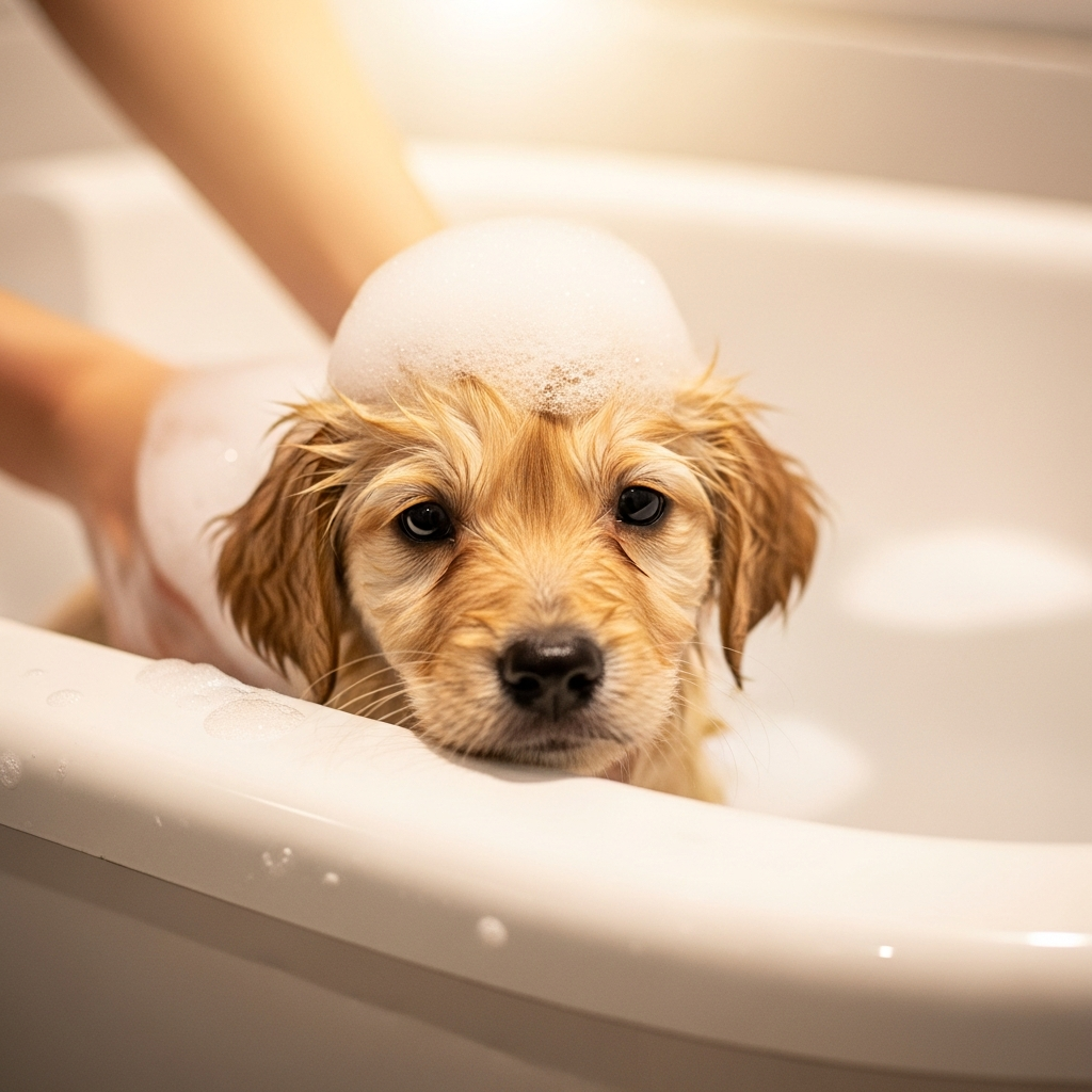 Puppy enjoying its first gentle bath