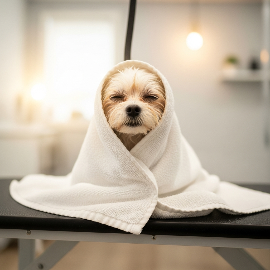 Small dog wrapped in a towel after a spa bath